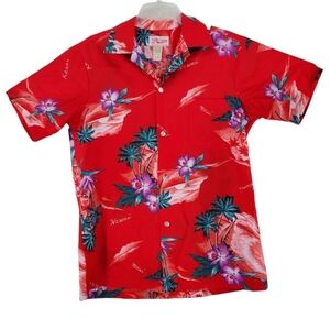 Vtg Hukilau Fashions Hawaii Floral Shirt Mens S Red Green Hibiscus Aloha USA 80s